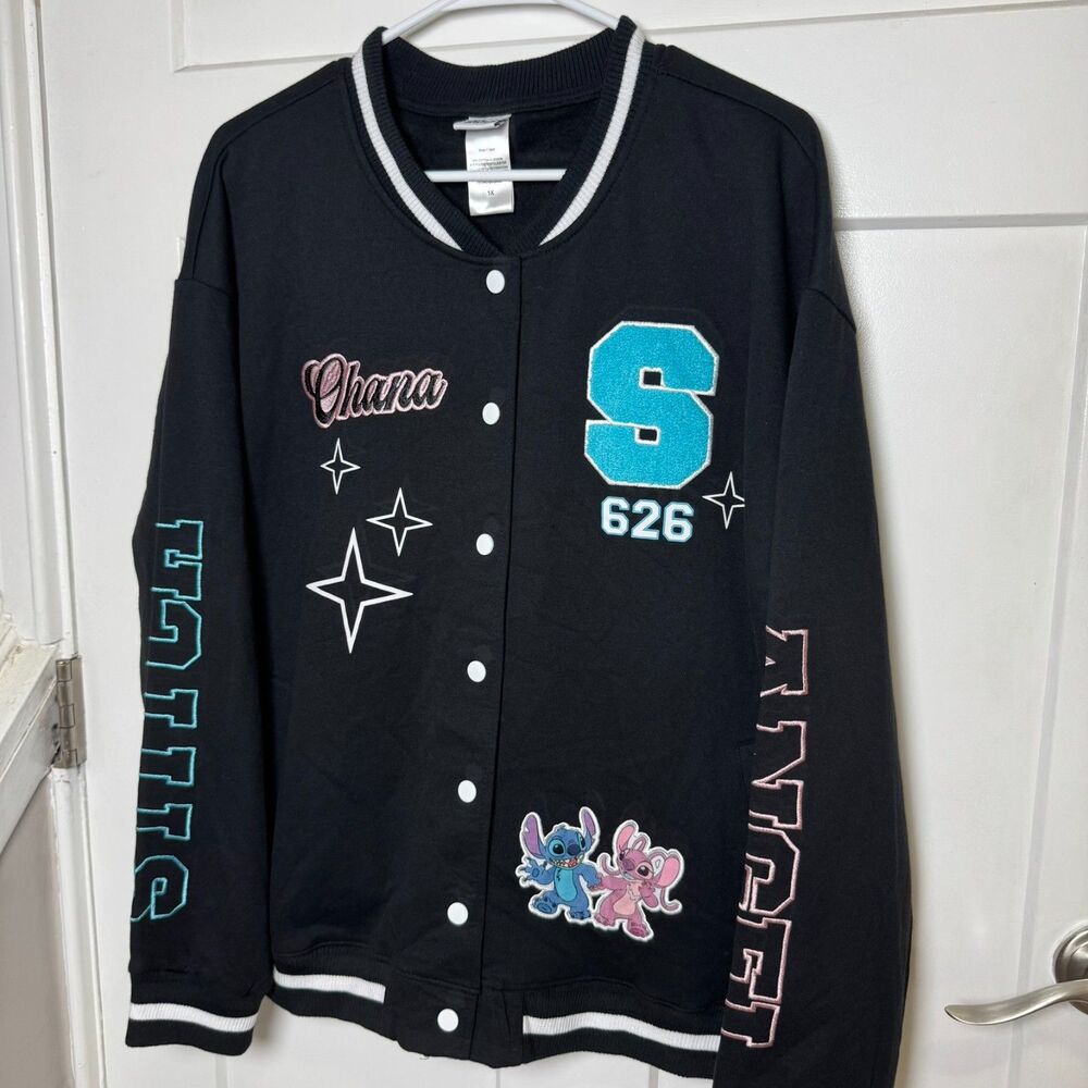Disney Stitch Angel Varsity Jacket Womens 1X Black Ohana 626 Be Kind Bomber Coat